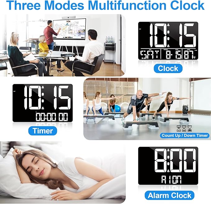 13" Bluetooth Auto Sync Wall Clock - Large Digital Alarm Clock with Remote, 25 Ringtones, Dual Alarm, Adjustable Brightness, 12/24H, Auto DST, for Living Room, Kitchen, Office, Elderly