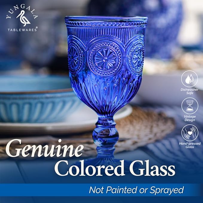 Yungala Cobalt Blue Wine Glasses Set of 6 Blue Goblets - Handcrafted Vintage Glassware with Sunflower Motif, Dishwasher Safe Cobalt Blue Glassware
