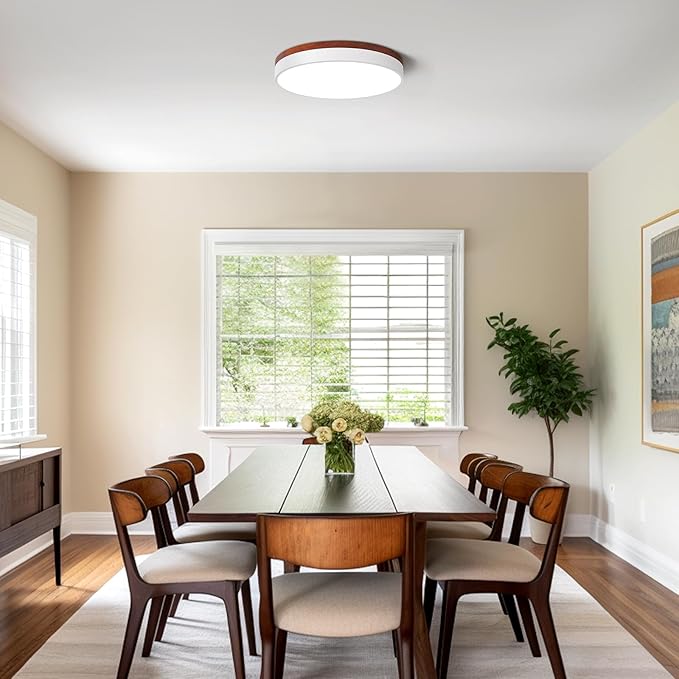 LED Dimmable Flush Mount Ceiling Light Fixture, White and Wood, 5CCT in One, Minimalist Round Ceiling Lamp, Modern Lighting for Kitchen, Bedroom, Hallway, Living Room, 15.7 Inch