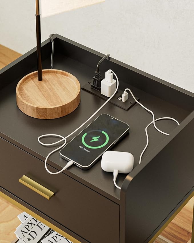 Nightstand with Charging Station,3-Tier Bedside Table for Small Space,Modern Night Stand with Storage Drawer and Shelf,Small Side Table for Bedroom,Living Room,Black