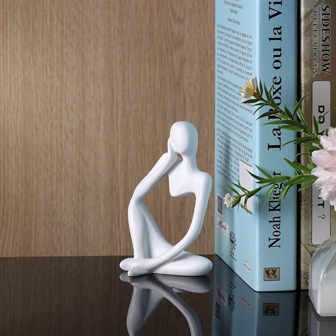 Thinker Statue Gold Decor Abstract Art Sculpture, Golden Resin Collectible Figurines for Home Living Room Office Shelf Decoration,Great Gifts Ideas (White)