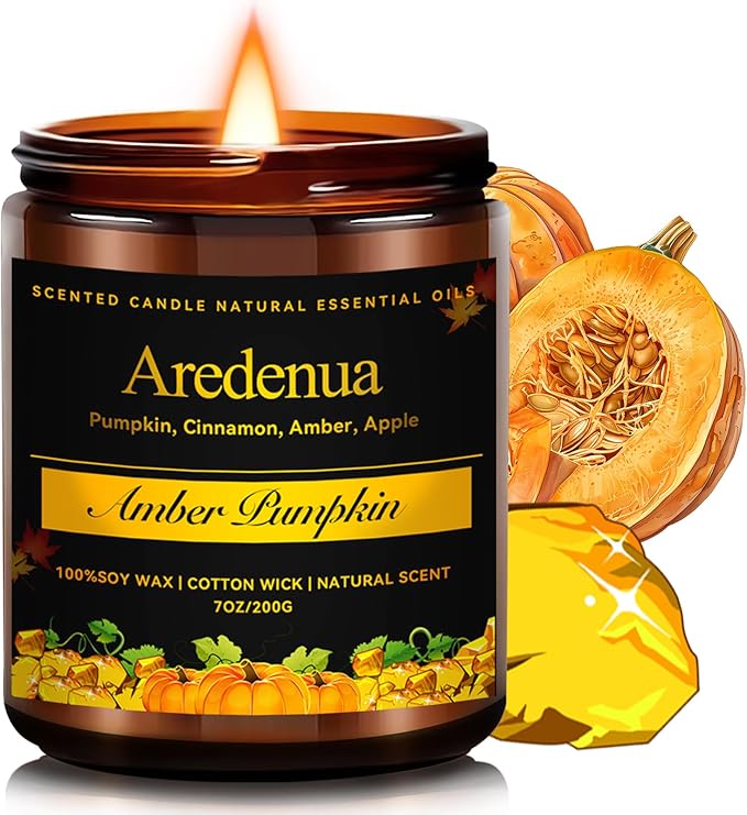 Fall Candle - Amber Pumpkin Candle | Autumn Scented Candles for Home, 7oz Pumpkin Soy Candles for Home Scented, 50 Hours Burn Time, Harvest Holiday/Halloween/Thanksgiving Fall Gifts for Women Men