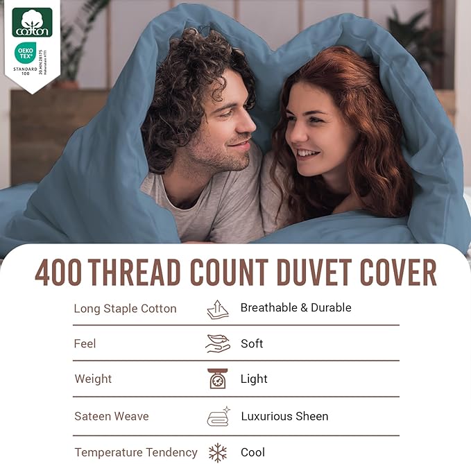 Pizuna Pure 100% Cotton Queen Duvet Cover Set, Luxurious 400 Thread Count Long Staple Cotton Sateen Weave with Button Closure (Combed Dusty Blue Cotton Duvet Cover Queen)