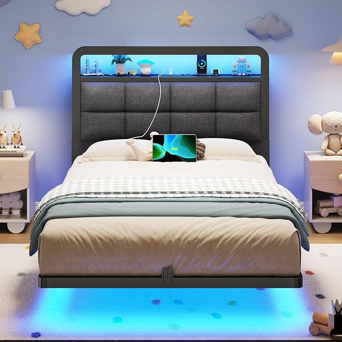 Hasuit Twin Floating Bed Frame with Charging Station and LED Lights, Twin Size Bed Frame with Wood Storage Headboard, Grey Upholstered Platform Bed, No Box Spring Needed, Noise Free