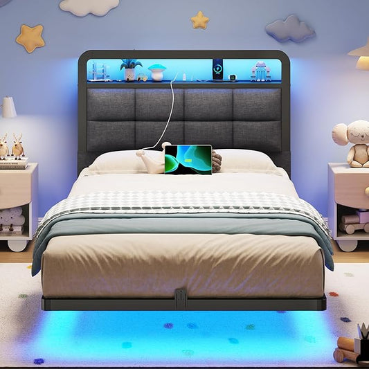 Hasuit Twin Floating Bed Frame with Charging Station and LED Lights, Twin Size Bed Frame with Wood Storage Headboard, Grey Upholstered Platform Bed, No Box Spring Needed, Noise Free