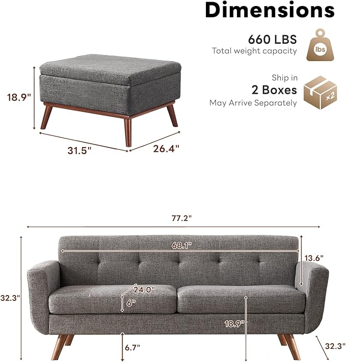 Tbfit Mid Century Modern Sofa Couch, Gray, Standard Sofa & Ottoman