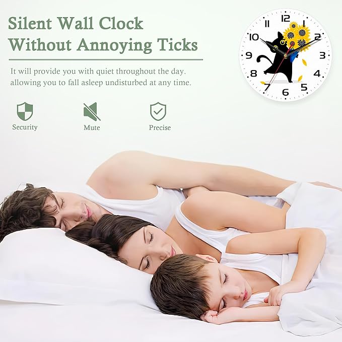 Wall Clocks,Black Cat Wall Clock Decorative,Sunflower Kitchen Wall Clock Battery Operated-10 Inch Round Bathroom Clocks Silent Non-Ticking