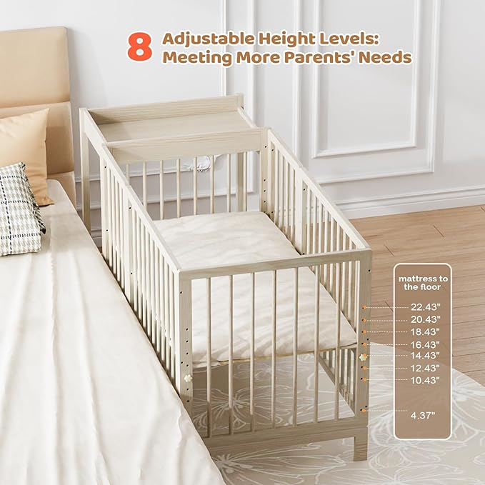 JOYMOR 8 in 1 Convertible Crib with Changer, Include 2” Mattress, Converts to Bassinet, Mid Crib, Full Size Crib, Daybed,Toddler Bed and Playard (Crib with Changer, Washed Natural)