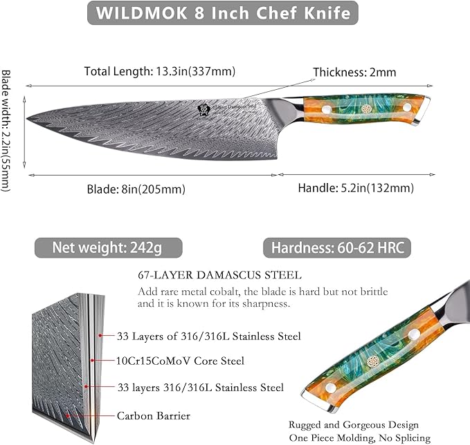 WILDMOK Chef Knife, 8 inch Japanese Damascus Steel Chef Knife, Resin Handle kitchen knives, professional sharp chef's knives for kitchen