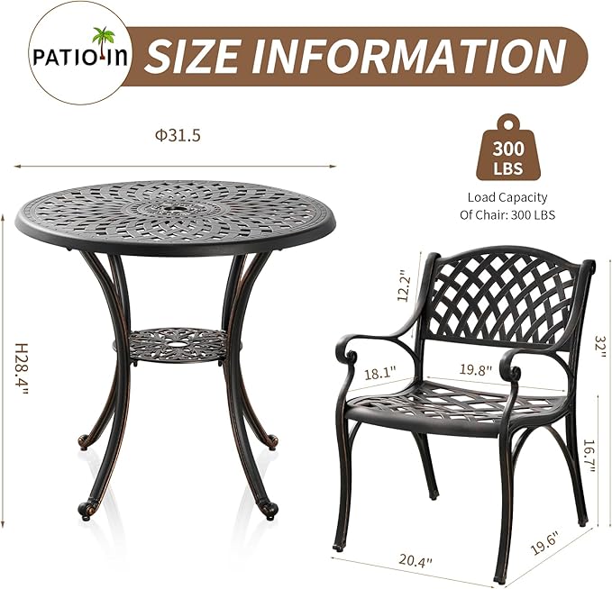 Cast Aluminum Patio Dining Set, Outdoor Bistro Set, 31.5" Round Outdoor Dining Table with Umbrella Hole, 2 Patio Chairs for Yard Porch Garden Balcony