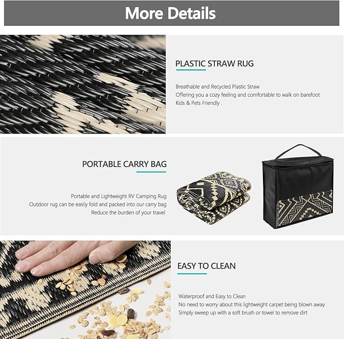 Waterproof Outdoor Rug 8x10 ft, Reversible Plastic Straw Mat, Large Floor Mat for Patio, Camping, Picnic, Backyard RV, Deck, Black