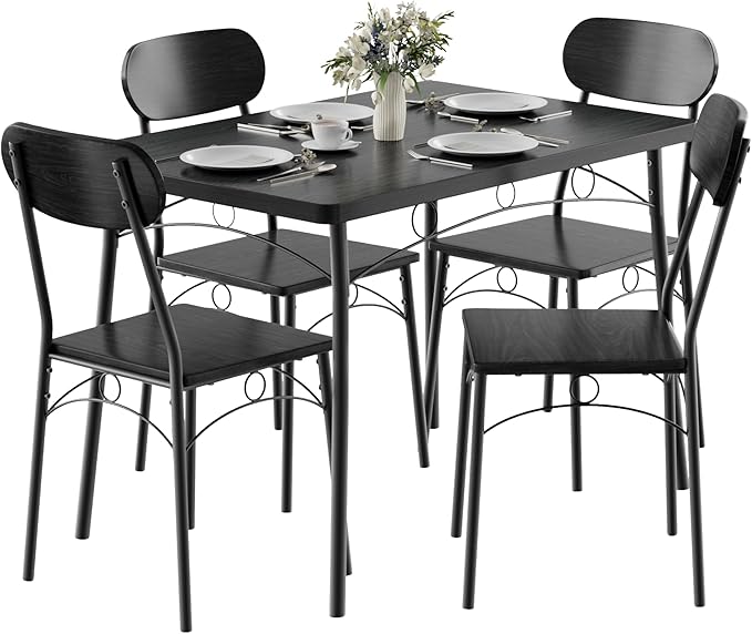 VECELO Dining Table Set for 4, 5-Piece Kitchen Table with 4 Chairs, MDF Board Tabletop with Metal Frame for Small Space, Compact Dinette, Breakfast Nook, Black