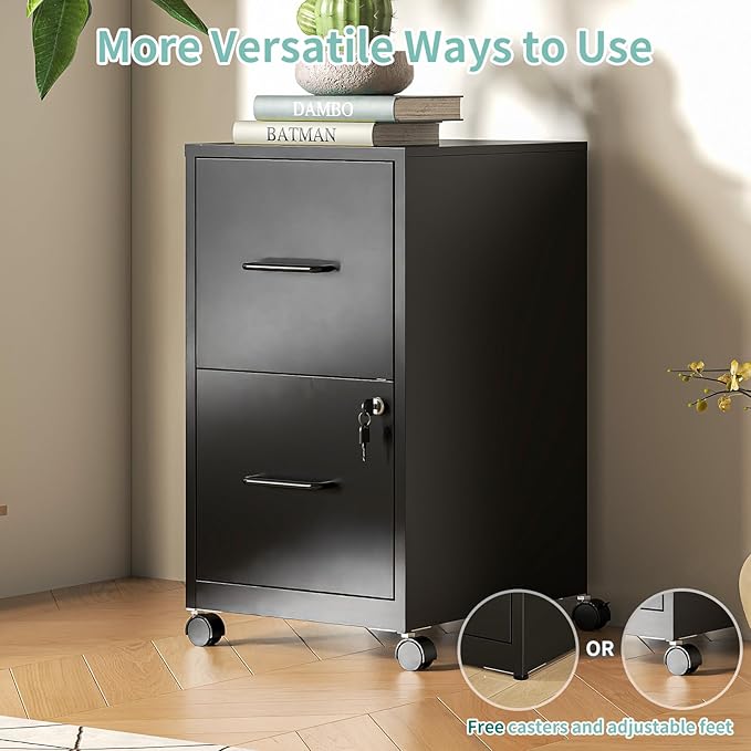 AQY 2 Drawer Mobile File Cabinet with Lock, Rolling Metal Filing Cabinet for Home Office, Vertical File Cabinet on Wheels, Small Black File Storage Cabinets for Legal/Letter/A4 Files Assembly Require