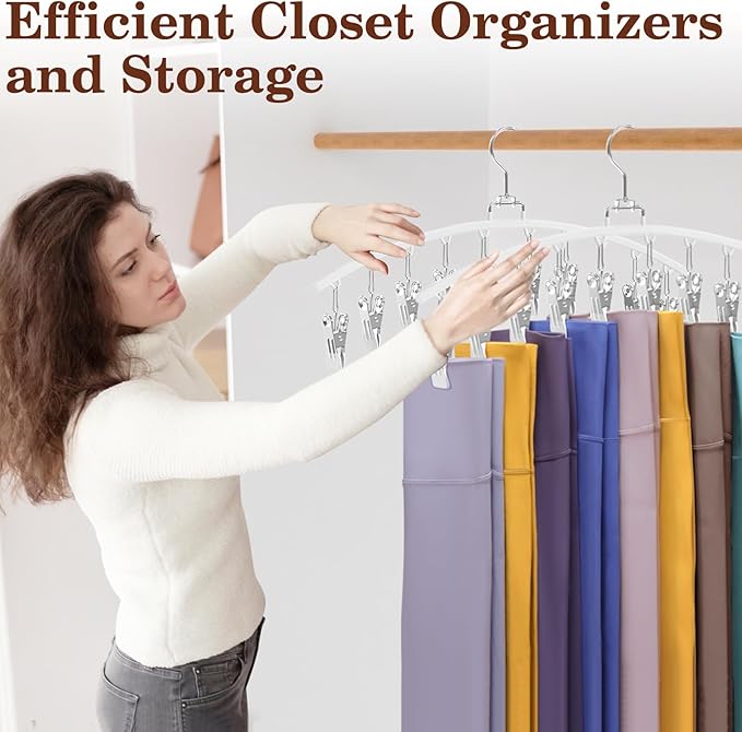 2 Pack Legging Organizer for Closet 360° Swivel, Space Saving Metal Gym Clothes Hangers w/20 Clips Holds 20 Leggings, Closet Organizers and Storage, Room Organization Essentials, White