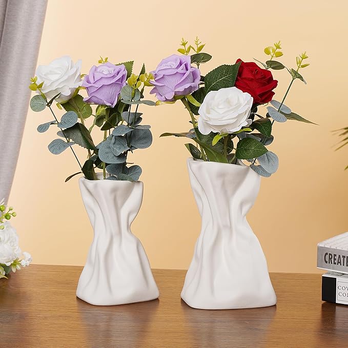Paper Bag Vase Set of 2, White Ceramic Vases, Flower Vases, Aesthetic Minimalist Boho Vase for Modern Trendy Home Room Table Centerpiece Decor