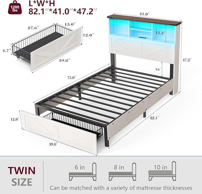 Twin Bed Frame with Bookshelf, Bookcase High Headboard with Charging Station and LED Light, Farmhouse Bed with Storage Drawers, No Box Spring Needed, Noise Free, Easy Assembly, Antique White
