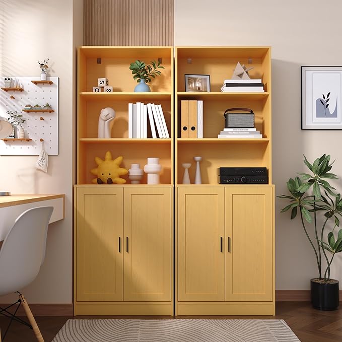 75" Tall Bookcase with Doors, 5 Tier Large Bookshelf with Cabinet, Standing Wood Display Book Shelf for Living Room, Office, Library with Doors, Oak