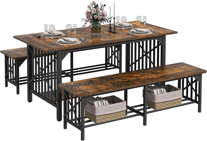 DWVO 3-Piece Dining Table Set for 4-6 People, 63" Dining Room Table with 2 Benches, Industrial Rectangular Dining Room Table Set with Storage for Kitchen, Dining Room, Rustic Brown