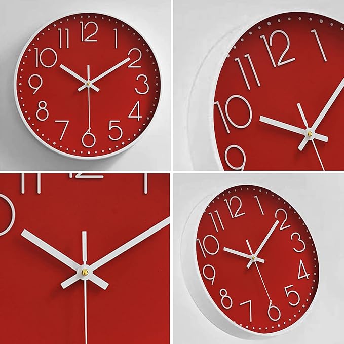 Wall Clocks Battery Operated Non-Ticking Red Clock 12 Inch Kitchen Wall Clock Quartz Silent Movement Large Decorative Clock Arabic Numerical for Home Office Decor - Red