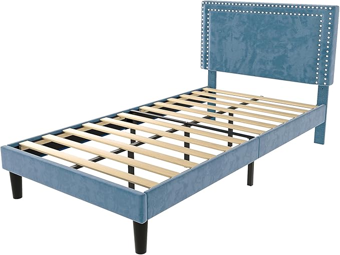 VECELO Twin Size Platform Bed Frame with Adjustable Upholstered Headboard, Modern Mattress Foundation, Strong Wood Slat Support, No Box Spring Needed, Easy Assembly