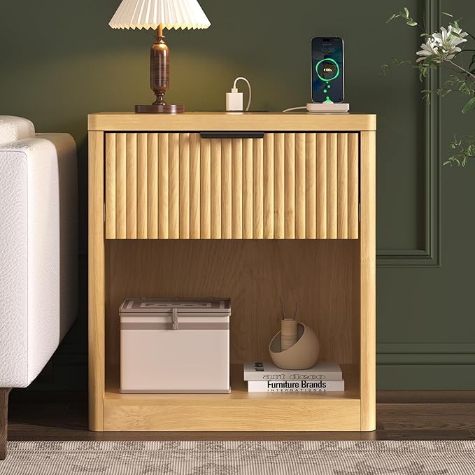 HOMMPA 22'' Fluted Nightstand Set of 2 with Charging Station, Modern Bedside Table w/Storage, Bedside End Table w/Open Compartment, Mid Century Modern Wood Night Stand for Bedroom, Living Room