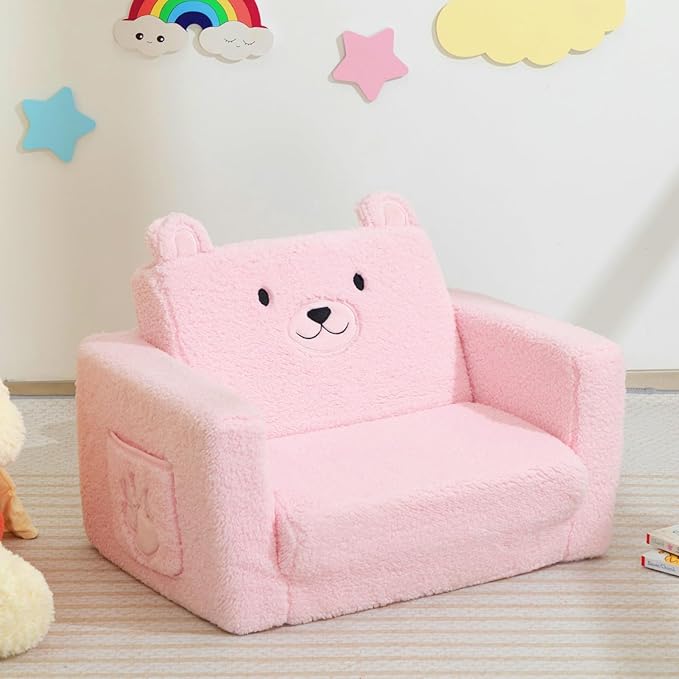 ALIMORDEN Fold Out Toddler Couch, Comfy 2-in-1 Cuddly Sherpa Bear Chair for Kids, Convertible Sofa to Lounger, Kids Cozy Corner Play Couch for Boys and Girls, Pink