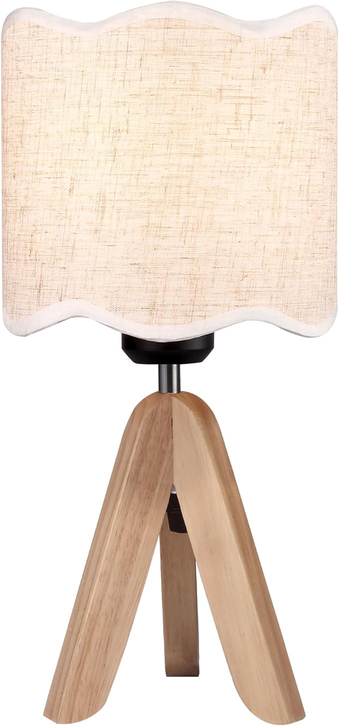 Hamilyeah Tripod Table Lamp with Wood Base, Bedside Lamp with Scalloped Fabric Linen Shade and On/Off Switch, Morden Nightstand Desk Lamp for Bedroom, Living Room, Kids Room, Office Dorm