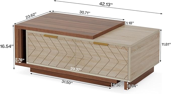 Tribesigns Extendable Coffee Table with 2 Storage Drawers, Dual-Tone Center Table with Sliding Tabletop, Multi-Functional Hidden Storage Wooden Rectangle Cocktail Table for Living Room (Walnut & Oak)
