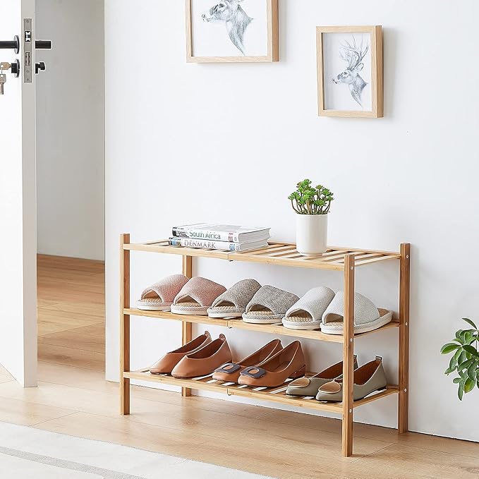 4-Tier Bamboo Shoe Rack for Entryway, Stackable | Foldable | Natural, Shoe Organizer for Hallway Closet, Free Standing Shoe Racks for Indoor Outdoor