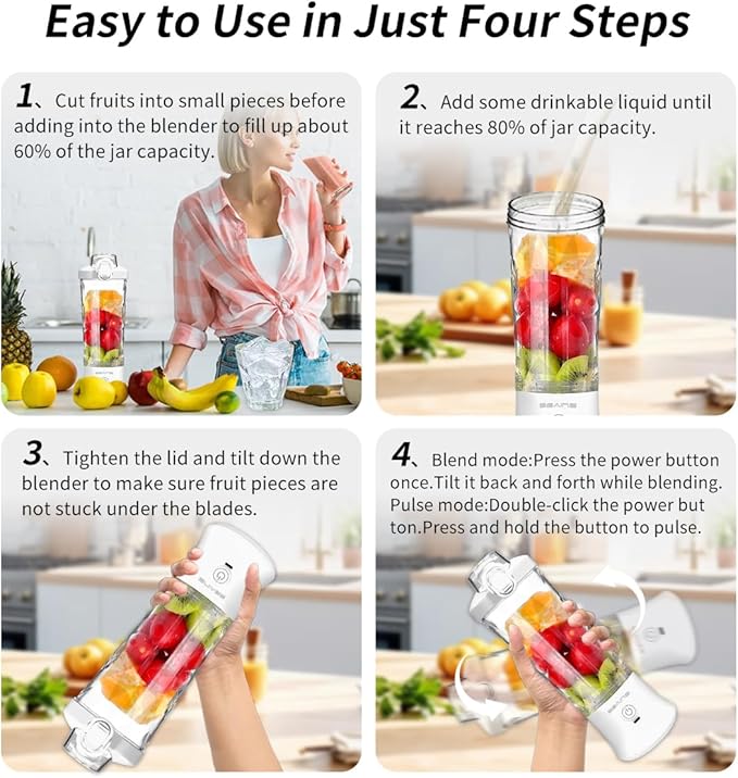 Portable Blender with 20 Oz Travel Cup, 6 Blades, USB Rechargeable for Shakes, Smoothies, Gym, Kitchen and Outdoors (White)