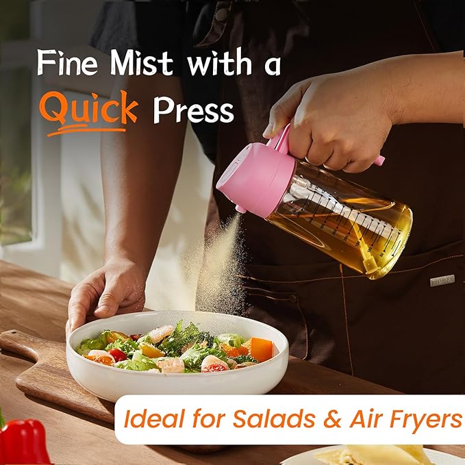 TrendPlain 16oz/470ml Glass Olive Oil Sprayer for Cooking - 2 in 1 Olive Oil Dispenser for Kitchen Gadgets, Air Fryer, Salad, and BBQ - Bubblegum