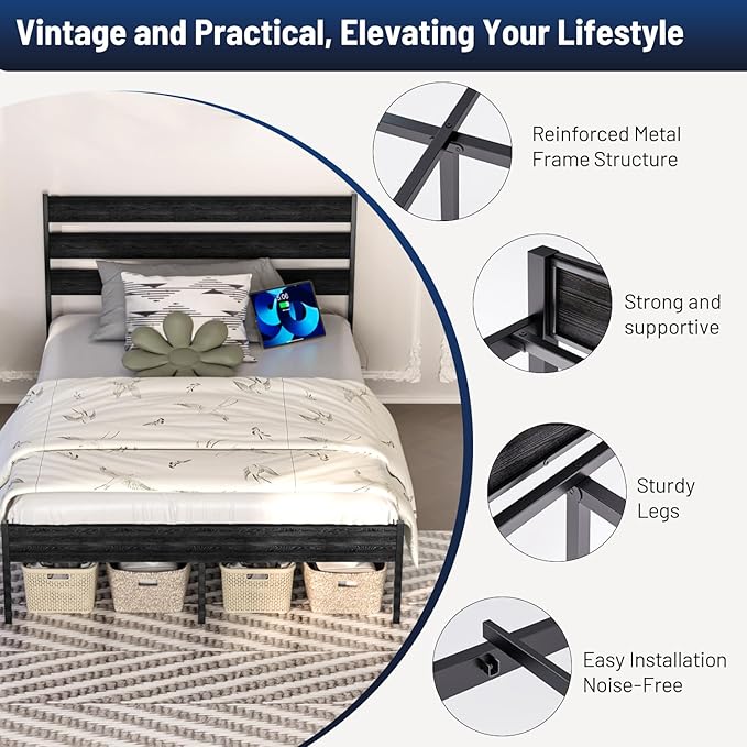 Twin Bed Frame with Headboard,Heavy Duty LED Bed Frame with USB Charging Station,Mattress Foundation-Under Bed Storage, No Box Spring Needed, Noise Free,Black