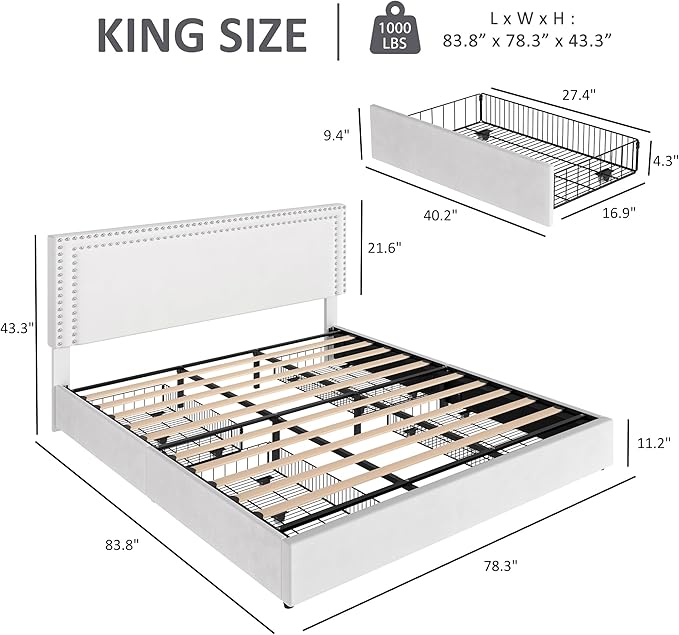 VECELO King Size Upholstered Platform Bed Frame with 4 Storage Drawers, Adjustable Velvet Rivet Decor Headboard, Wooden Slats Support, No Box Spring Needed, Easy Assembly