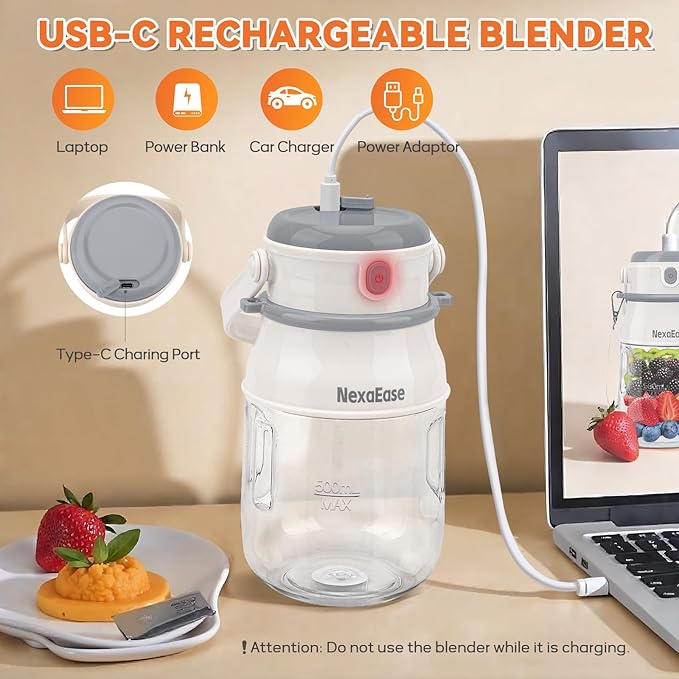 Portable Blender Personal Juicer for Shakes and Smoothies - 27 OZ Electric Protein Shaker Bottle with Insulated Sleeve, Travel Lid, USB-C Rechargeable - Mini Small Blender Cup for Kitchen, Office, Gym
