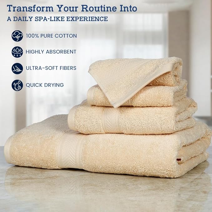 Casa Lino 100% Cotton Bath Towels Set of 4 (1 Bath Towel, 1 Hand Towel & 2 Wash Cloths) - Bathroom Towels and Washcloths Set - Complete Bathroom Set - Guest Room Essentials - (Linen Brown)