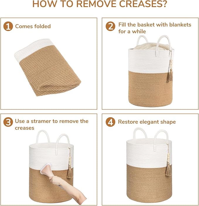 Goodpick Woven Laundry Basket Decorative Blanket Basket for Living Room, Tall Storage Basket for Clothes, Toys, Towels, Wicker Laundry Hamper 16 x 20 Inches, White and Jute