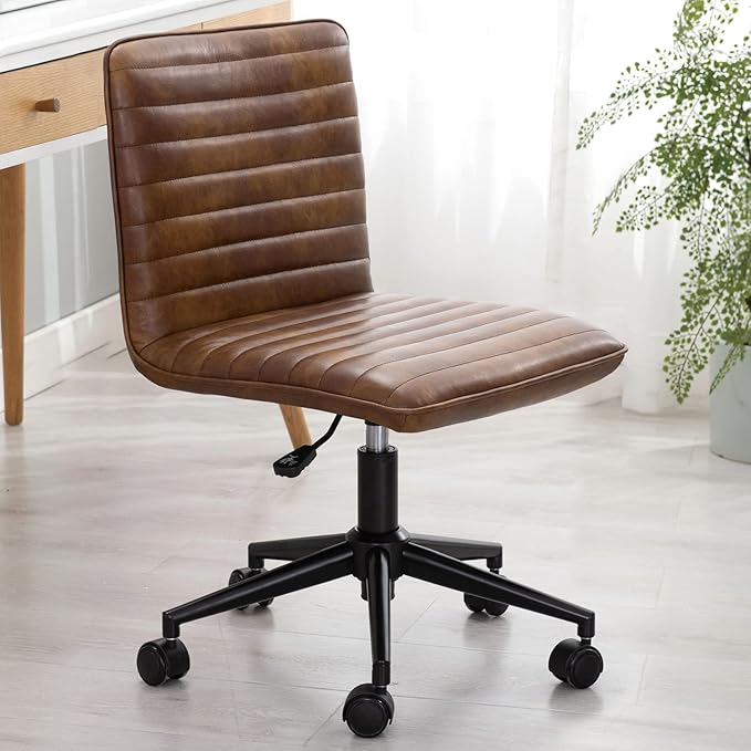 Furnimart Armless Office Desk Chair Task Chair Faux Leather Upholstered Task Chair Teen Desk Chair Mid-Back 360° Swivel Adjustable Small Chair (Leather-DustYellow)