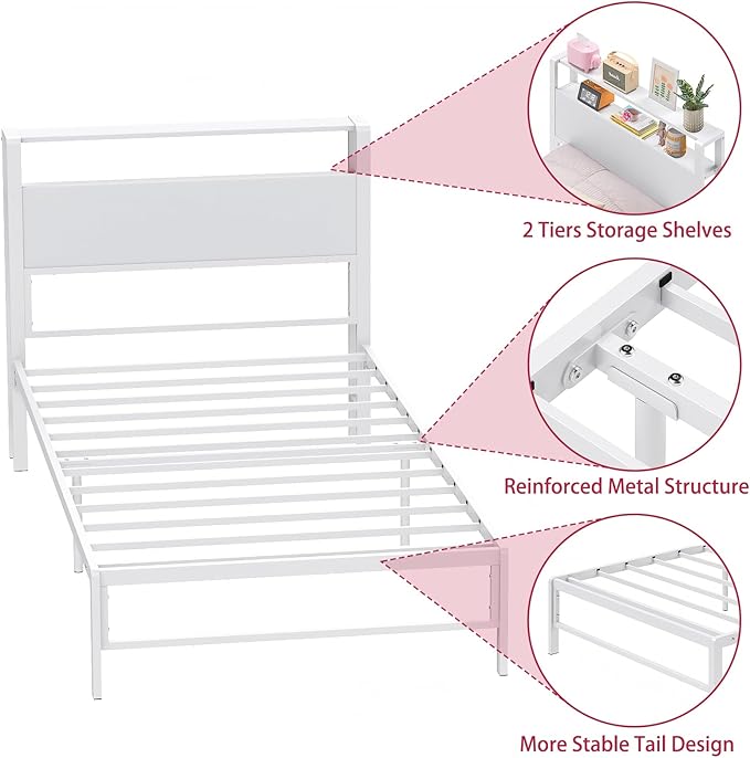 Weehom Twin Bed Frames for Kids, Twin Size Bed with 2 Tiers Wood Shelves Headboard No Box Spring Needed Easy Assembly Heavy Duty Metal Plaform, White