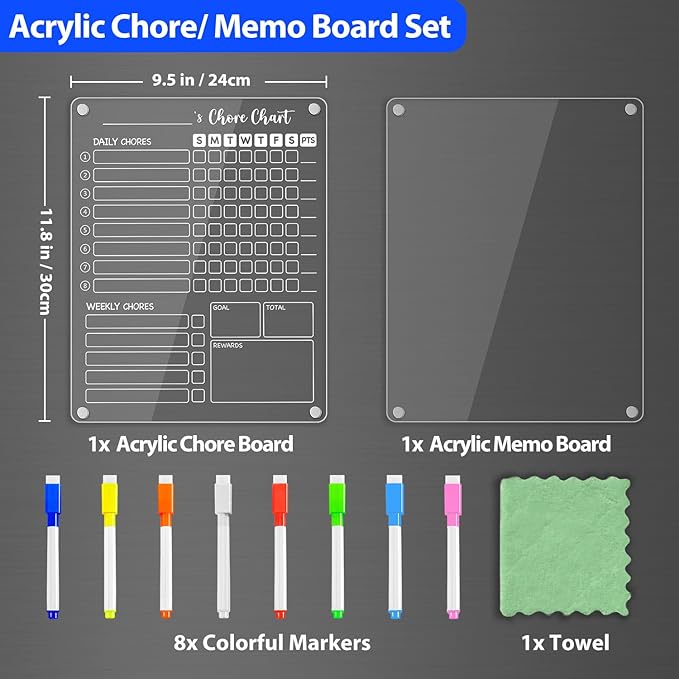 PigPotParty Clear Acrylic Magnetic Chore Chart and Blank Memo Whiteboard for Fridge, 2 Pack 9.5"x12" Dry Erase Board to Do List Meal Planner for Adult Teens Kids Family, Include 8 Markers & 1 Towel