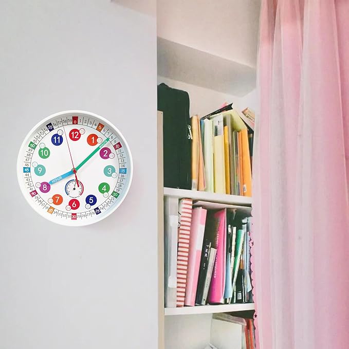 Wall Clocks,10Inch Learning Time Clock, Colorful Clock Face Silent Clocks with Simple Thermometer,Clear Digital Wall Clock (White)