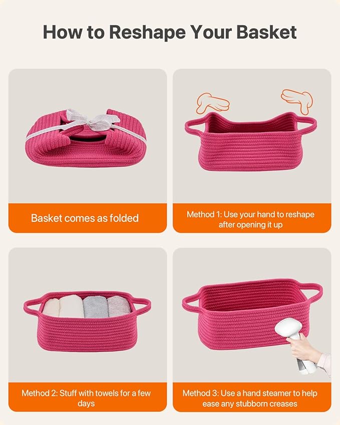 KALLAX Small Woven Basket, 12 x 8 x 4.5 Inches, Small Storage Baskets for Organizing, Gift Baskets Empty, Cute Rope Shelf Closet Storage Bins for Shelves, Dog Toy Basket, 3 Packs, Hot Pink