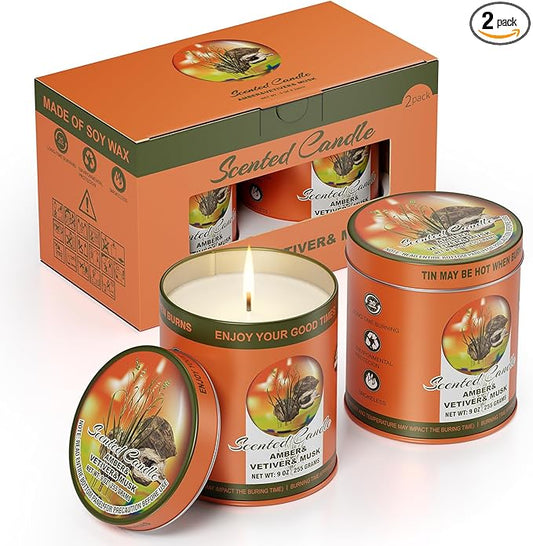 Amber & Vetiver & Musk Scented Candles Set | 2Pack 510g 8% Essential Oil,60H Burn Time | Pure Soy Wax Aromatherapy Jar Tin Candle for Relaxation, Sleep | Colorful Packaging Home Gift for Men&Women