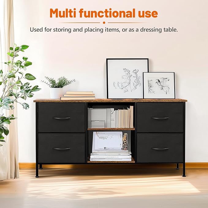 TV Stand for Bedroom, Television Stand for TV up to 46 Inch Entertainment Center Dresser with 4 Drawers Open Storage Shelves for Living Room, Entryway (Black and Rustic Brown)