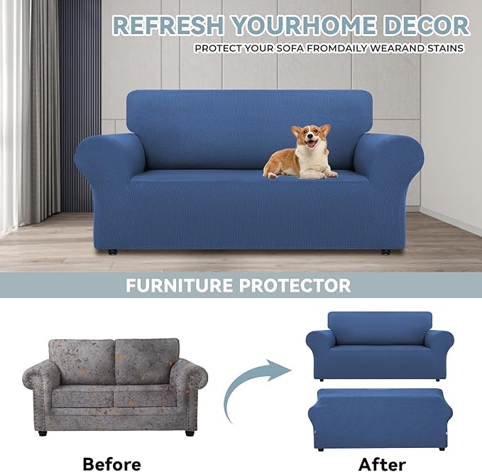 LURKA Stretch Loveseat Sofa Slipcovers 1 Piece Couch Covers for Sofa Furniture Protector Full Sofa Covers with Elastic Bottom for Kids and Dog (Blue, Medium)