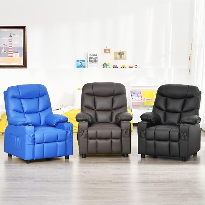 GLACER Kids Recliner Chair w/Cup Holder & Side Pockets, Children Recliner w/Comfortable Backrest, Armrests & Footrest, Toddler PU Leather Recliner for Boys Girls, 3+ Age Group (Blue)