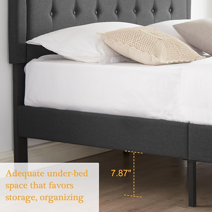 VECELO Queen Upholstered Platform Bed Frame with Adjustable Button Stitched Panel Headboard,Strong Wood Slat Support,Velcro Design,Mattress Foundation/Easy Assembly,Grey