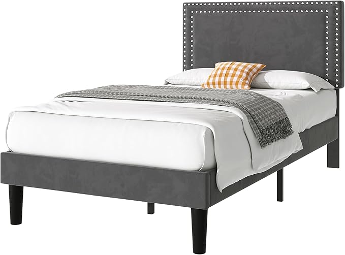 VECELO Twin Size Platform Bed Frame with Adjustable Upholstered Headboard, Strong Wood Slat Support, No Box Spring Needed, Easy Assembly