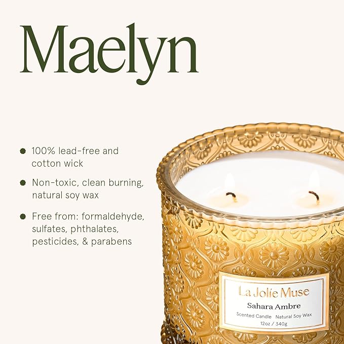LA JOLIE MUSE Amber Candle, Scented Candles for Home, Large 2-Wick Soy Candles, Luxury Jar Candle Gifts for Women & Men, 60 Hours Long Burning, Sahara Ambre, 12oz