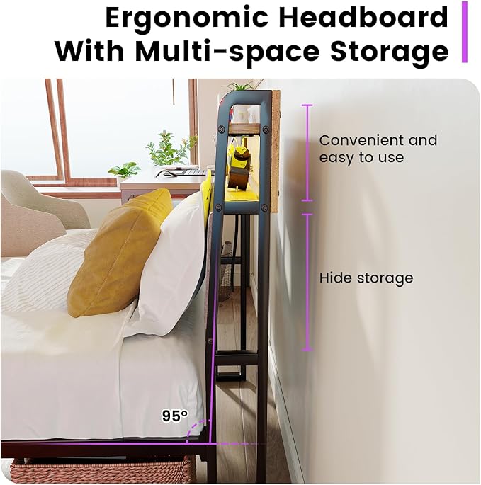 Winkalon Twin Led Bed Frame with Headboard, Bed Frame with Charging Station, Metal Platform Bed Frame Twin Size No Box Spring Needed, Modern Wood Upholstered Headboard and Under Bed Storage