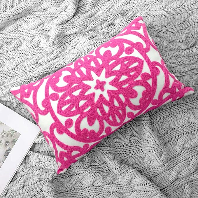 Alysheer Embroidered Lumbar Decorative Throw Pillow Covers 12"x 20" Set of 2, Classic Boho Mandala Embroidery Pattern Cotton Rectangular Cushion Case for Sofa Couch Bed Living Room(Bright Hot Pink)